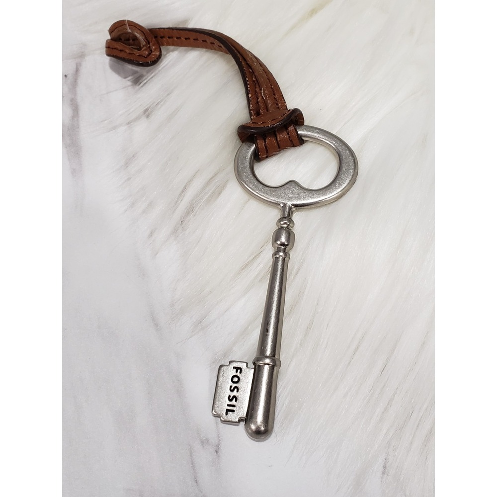 LARGE Silver Fossil Key Charm BROWN LEATHER STRAP KEYCHAIN ACCENT